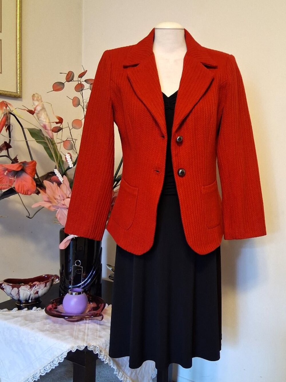 Women Cotton Blend Red Lined Blazer Jacket Wrinkle Resistant Tailored Blazers S